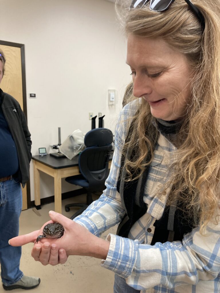 Girl with sun glasses holding a frog